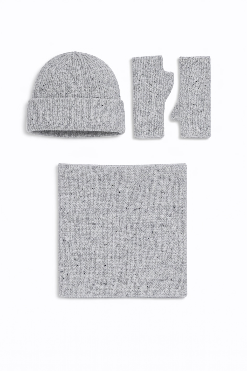 CAPPELLO + GUANTO + COLLO MAGLIA CON PAILLETTES, 35%ANGORA 65 %VI, MADE IN PRC   - GREY